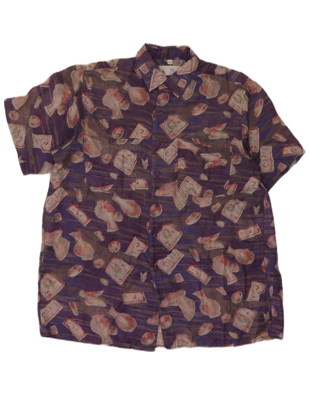 New Fast Mens Short Sleeve Shirt Size 39/40 Medium Purple Patchwork Silk