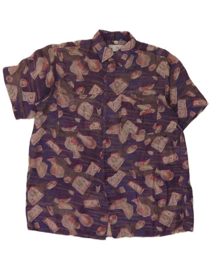 New Fast Mens Short Sleeve Shirt Size 39/40 Medium Purple Patchwork Silk