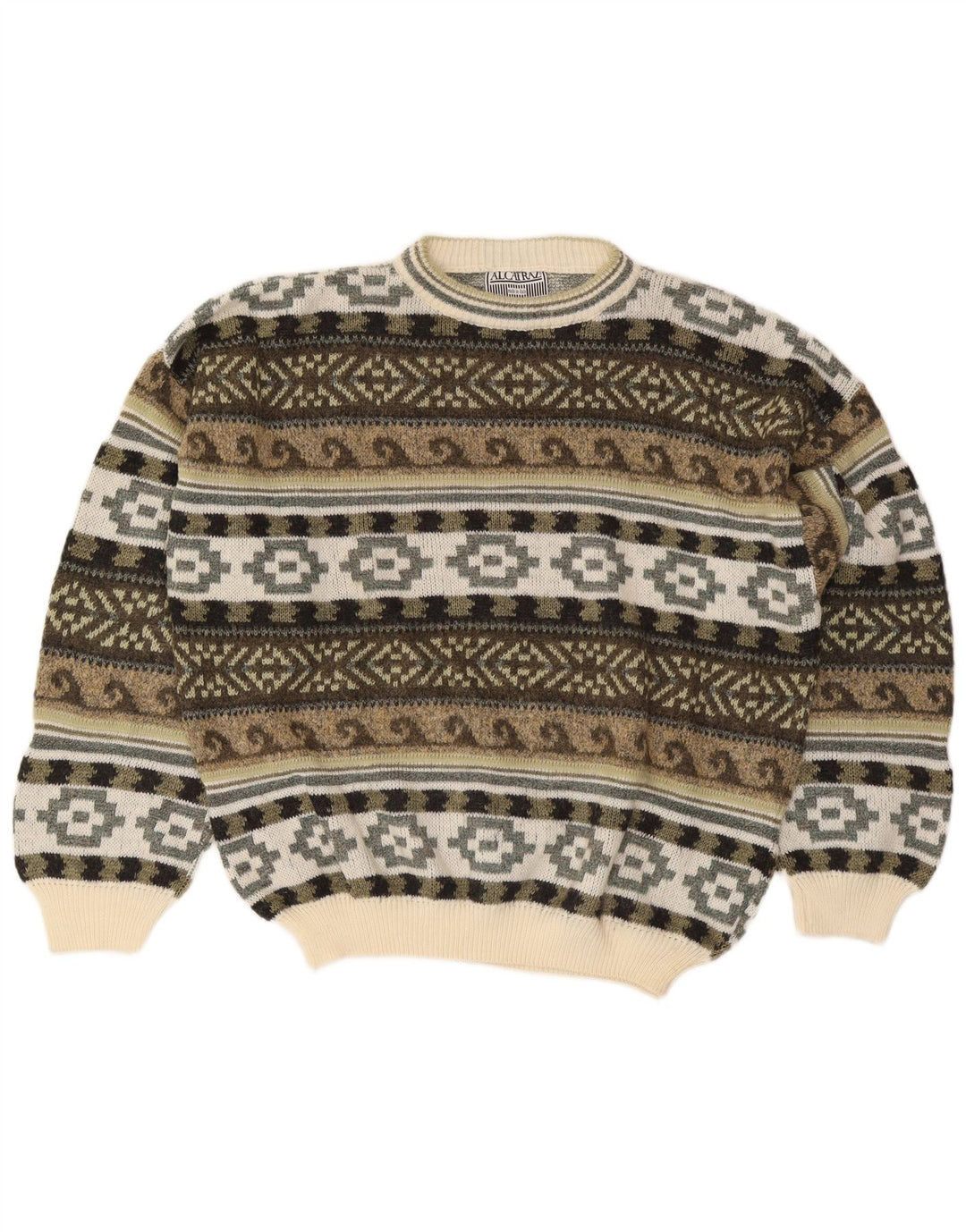 Alcatraz Mens Crew Neck Jumper Sweater Large Khaki Fair Isle Wool