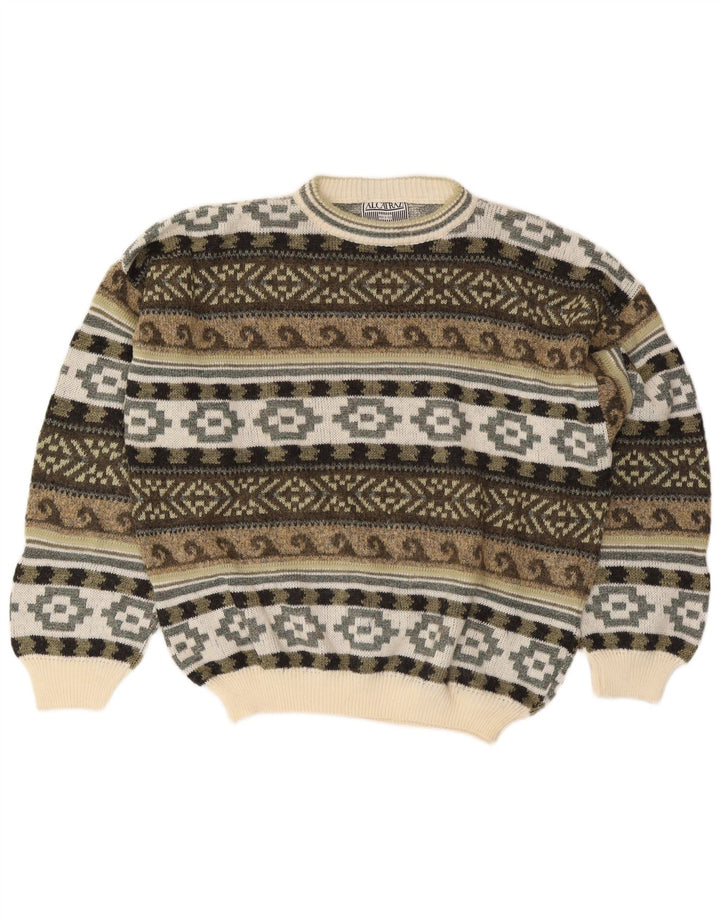Alcatraz Mens Crew Neck Jumper Sweater Large Khaki Fair Isle Wool