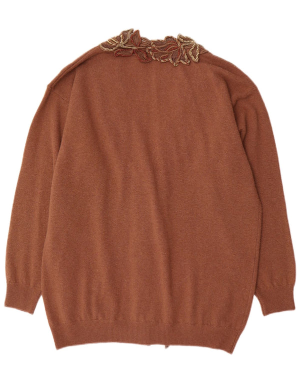 Vintage Womens V-Neck Jumper Sweater UK 18 XL Brown Floral Wool