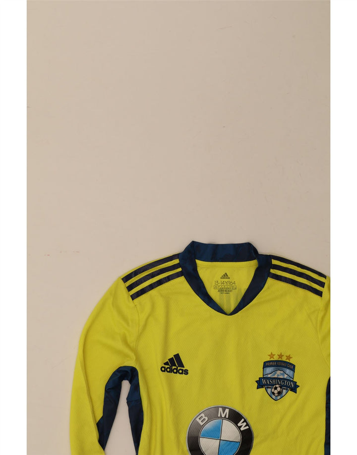 ADIDAS Boys Graphic Top Long Sleeve 13-14 Years Yellow Vintage Adidas and Second-Hand Adidas from Messina Hembry 