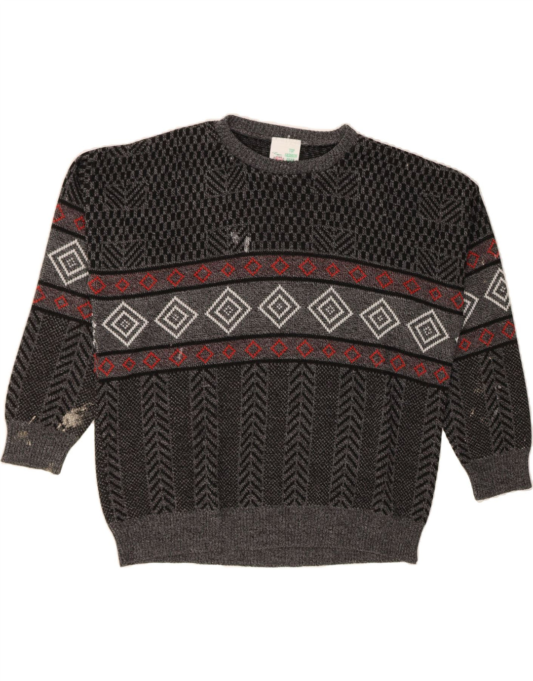 VINTAGE Mens Crew Neck Jumper Sweater Large Black Argyle/Diamond Acrylic Vintage Vintage and Second-Hand Vintage from Messina Hembry 