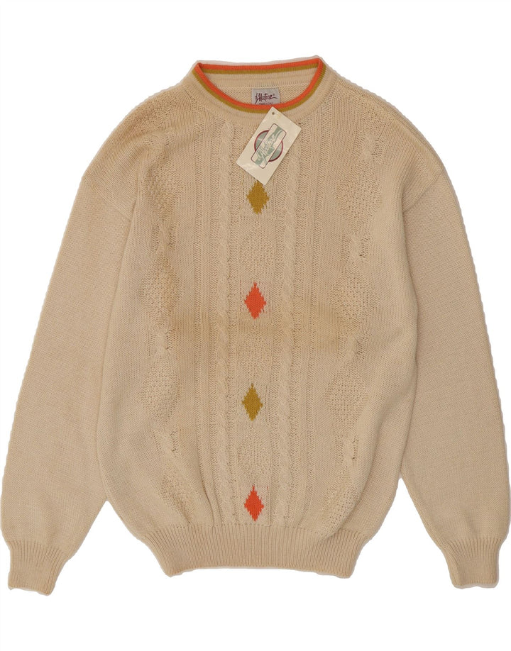 ALCATRAZ Womens Crew Neck Jumper Sweater UK 14 Medium Beige Argyle/Diamond Vintage Alcatraz and Second-Hand Alcatraz from Messina Hembry 