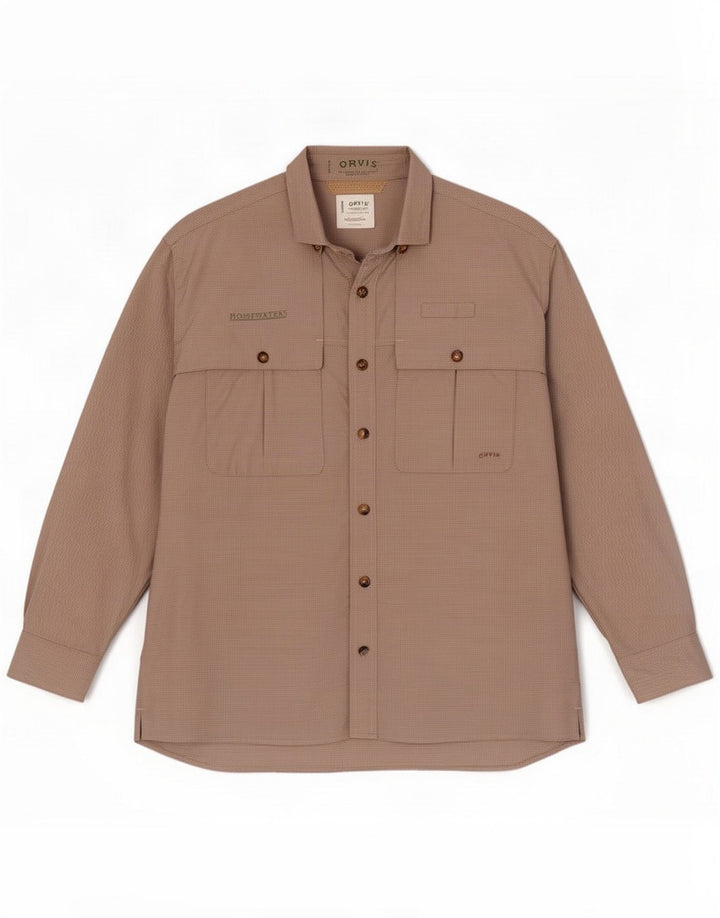 Orvis Mens Travel Shirt Large Beige Gingham Polyester