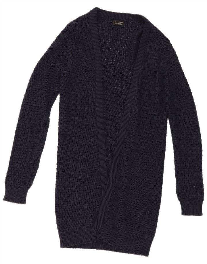 ZARA Mens Open Cardigan Sweater Medium Navy Blue Cotton