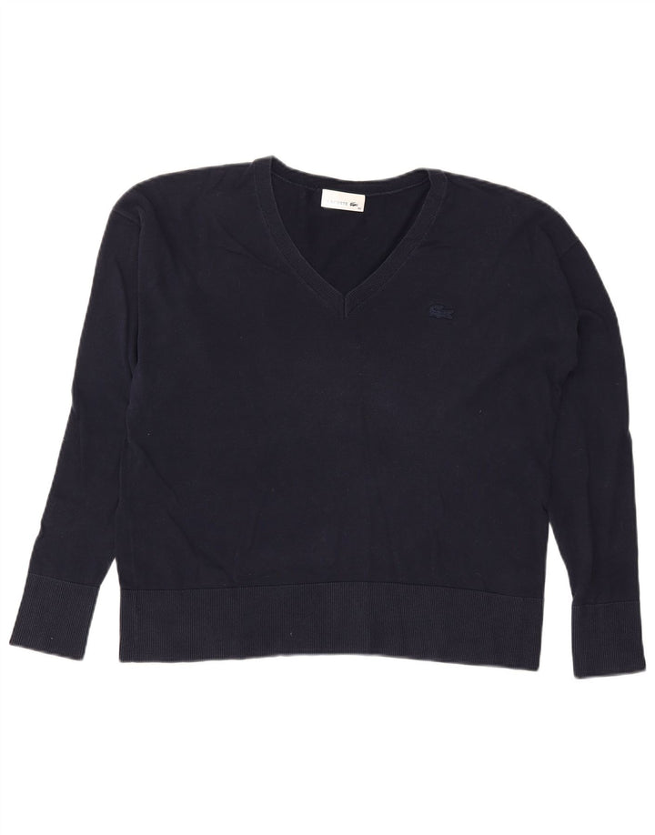 Lacoste Womens V-Neck Jumper Sweater Size 40 Medium Navy Blue Cotton