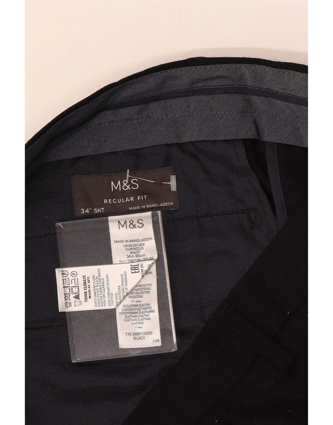Marks & Spencer Mens Regular Fit Chino Trousers W34 L29 Black Wool