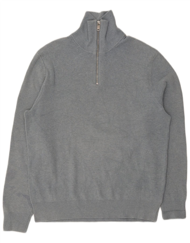 Marks & Spencer Mens Zip Neck Jumper Sweater Large Blue Polyester