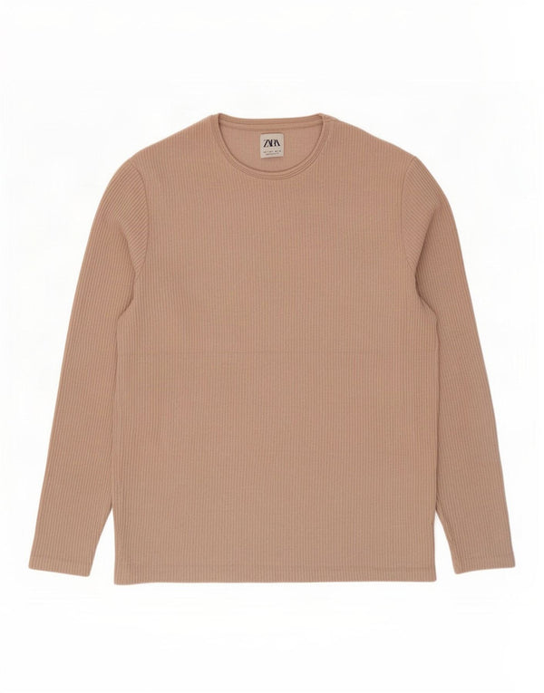Zara Mens Top Long Sleeve Large Beige Cotton