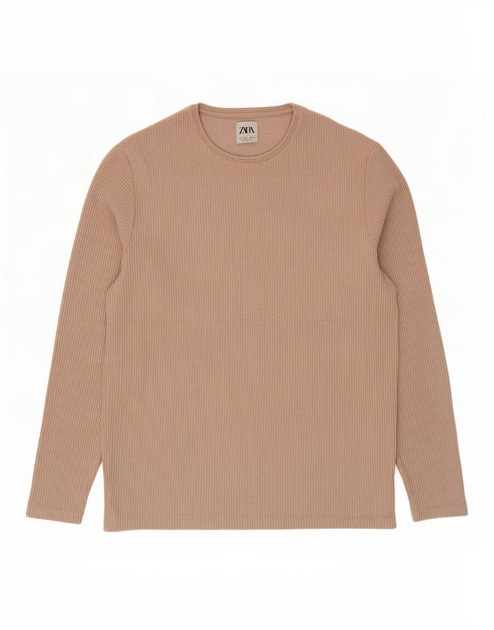 Zara Mens Top Long Sleeve Large Beige Cotton