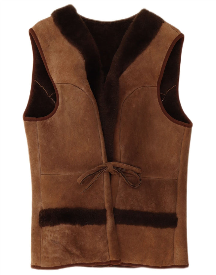 Vintage Womens Shearling Gilet UK 10 Small Brown
