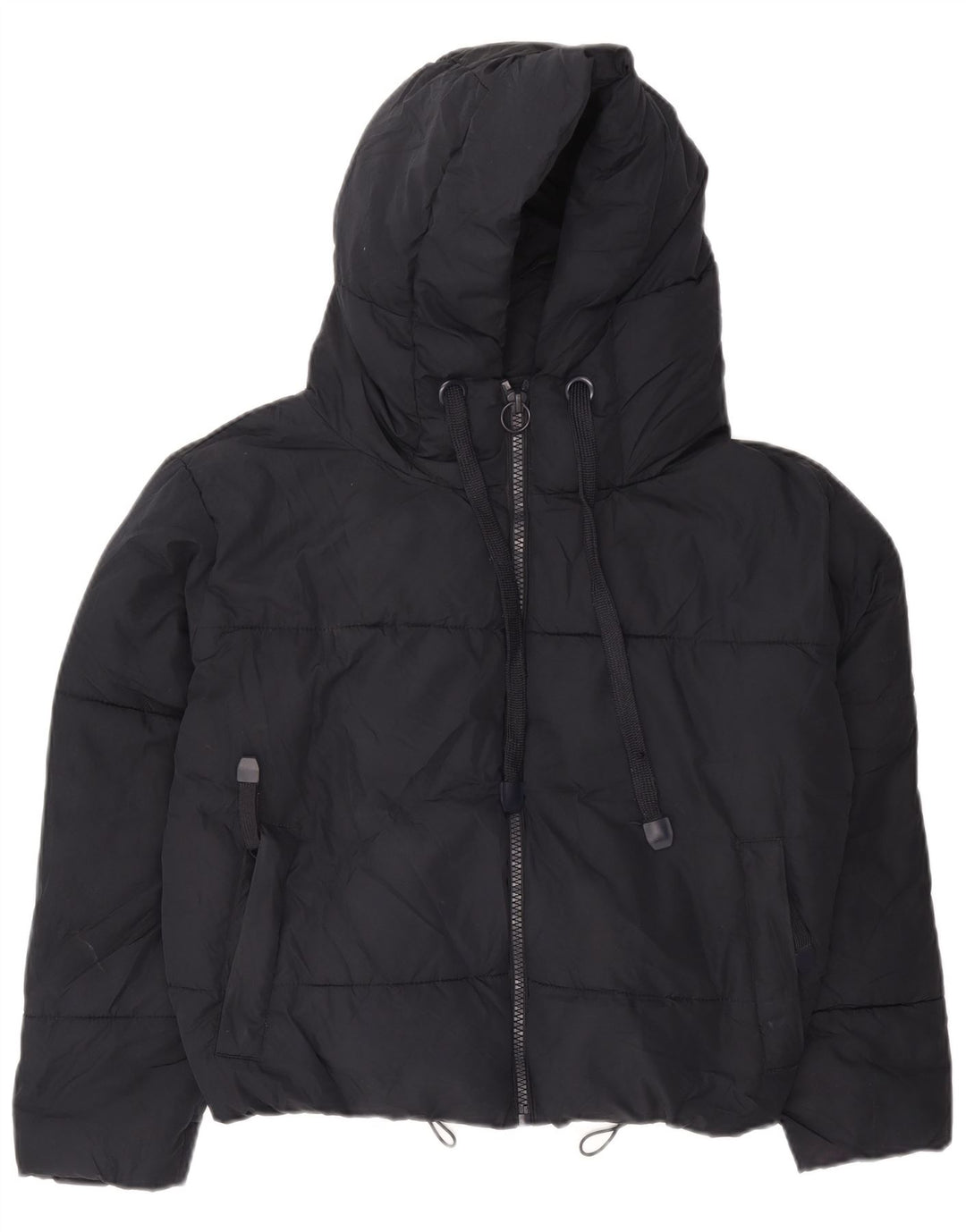 Zara Womens Oversized Crop Hooded Padded Jacket UK 6 XS Navy Blue Polyester