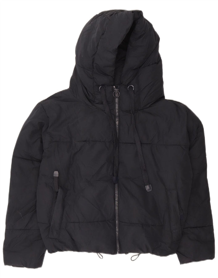 Zara Womens Oversized Crop Hooded Padded Jacket UK 6 XS Navy Blue Polyester