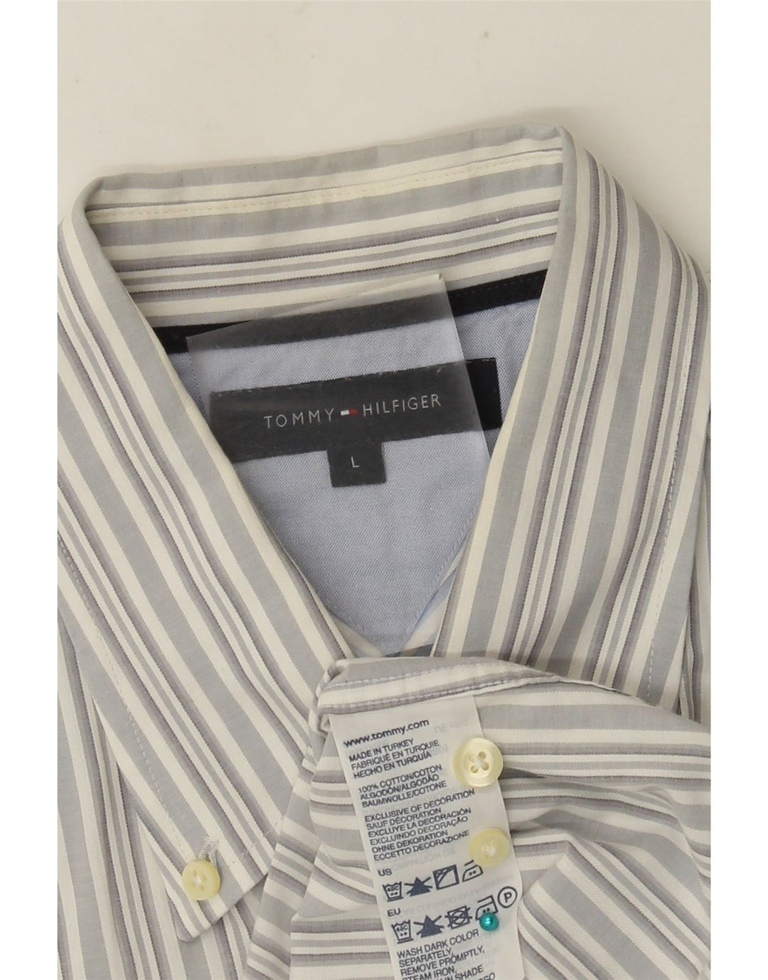 TOMMY HILFIGER Mens Short Sleeve Shirt Large Grey Striped Cotton