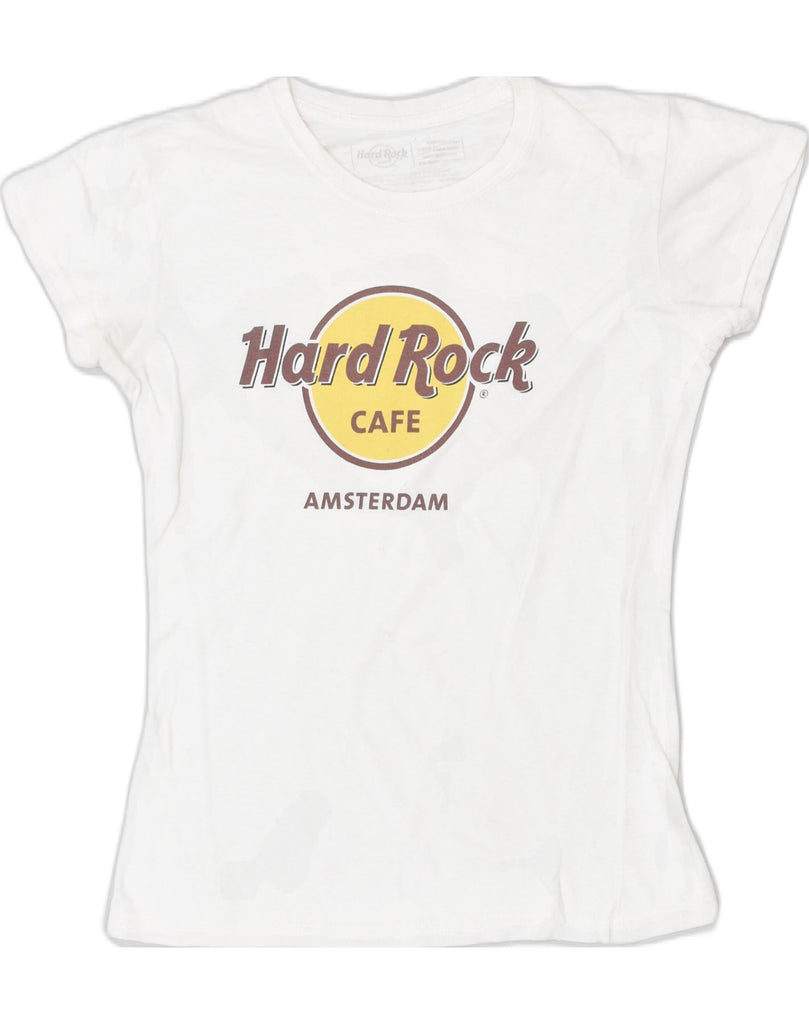 HARD ROCK CAFE Womens Amsterdam Graphic T-Shirt Top UK 6 XS White Cotton | Vintage | Thrift | Second-Hand | Used Clothing | Messina Hembry 