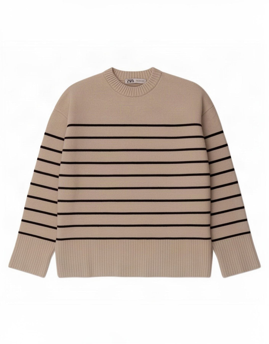 Zara Womens Oversized Crew Neck Jumper Sweater UK 14 Medium Beige Striped