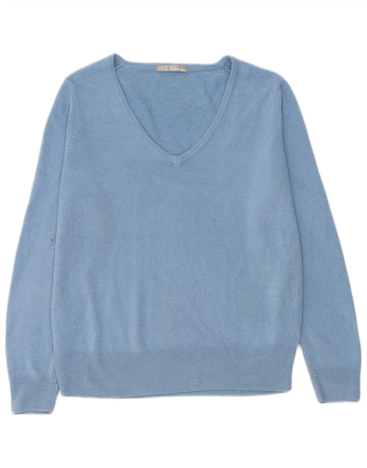 Marks & Spencer Womens V-Neck Jumper Sweater UK 14 Large Blue Acrylic
