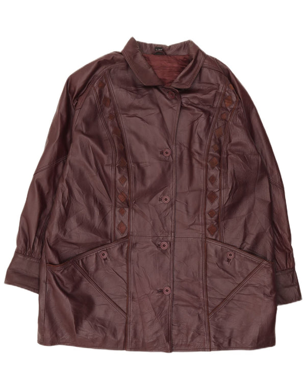 Vintage Womens Leather Coat UK 24 4XL Burgundy Argyle/Diamond Leather