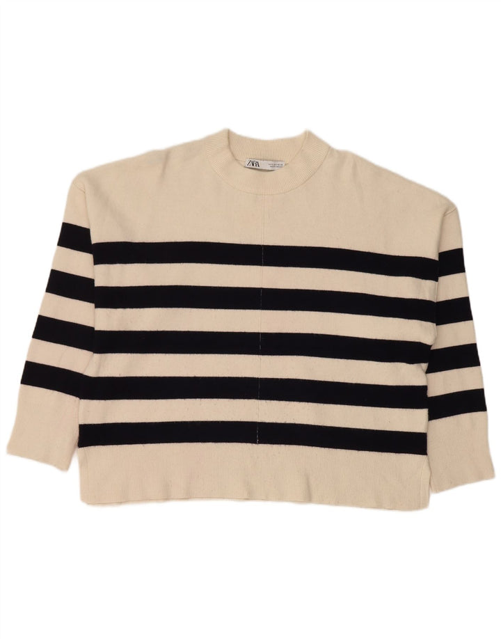 Zara Womens Oversized Crew Neck Jumper Sweater UK 10 Small White Striped