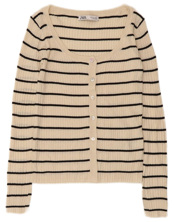 Zara Womens Cardigan Sweater UK 8 Small Beige Striped Acrylic