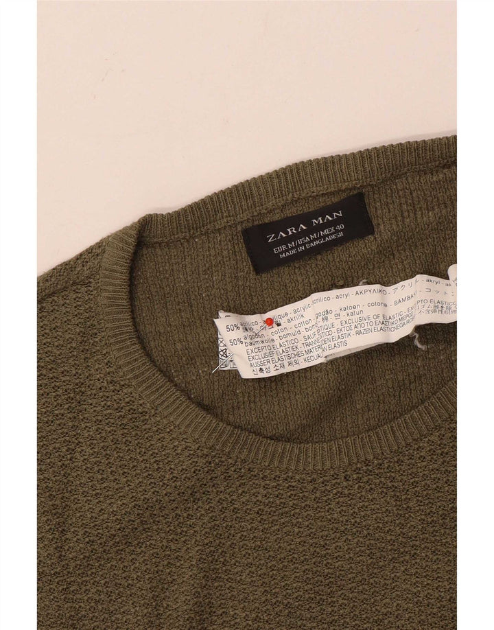 Zara Mens Crew Neck Jumper Sweater Medium Khaki Acrylic