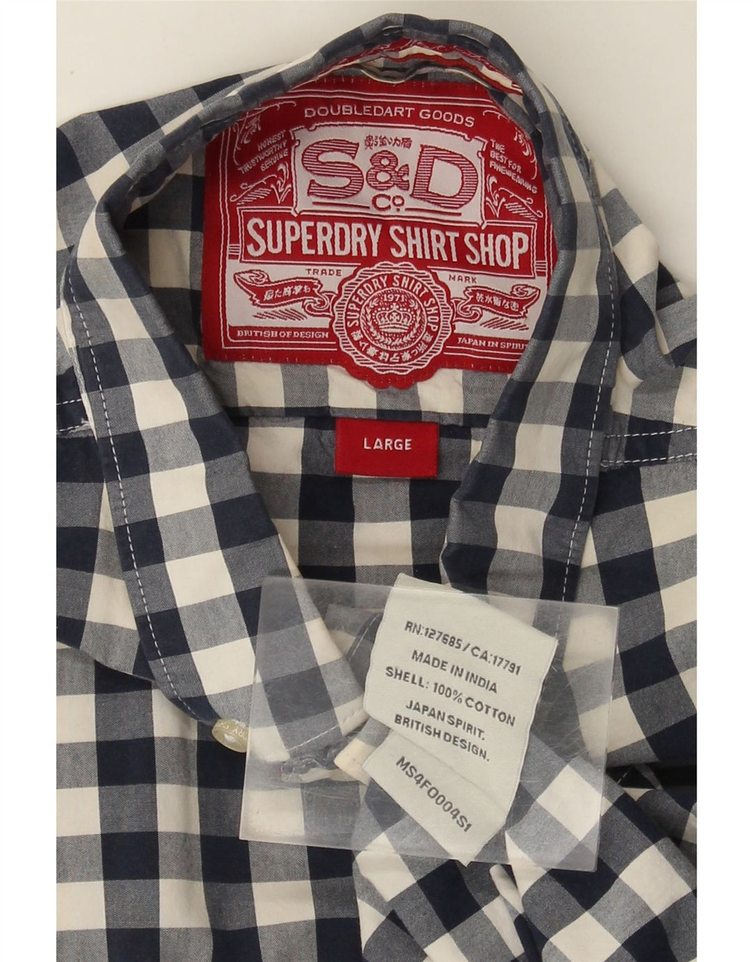 Superdry Mens Shirt Large Navy Blue Gingham Cotton