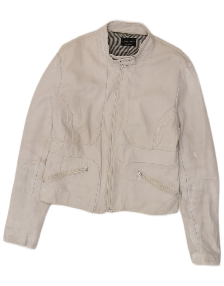 Vintage Womens Crop Leather Jacket UK 18 XL Off White Leather