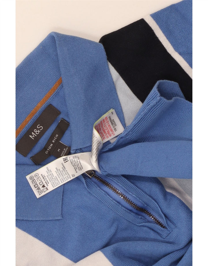 Marks & Spencer Mens Polo Neck Jumper Sweater Medium Blue Striped Cotton