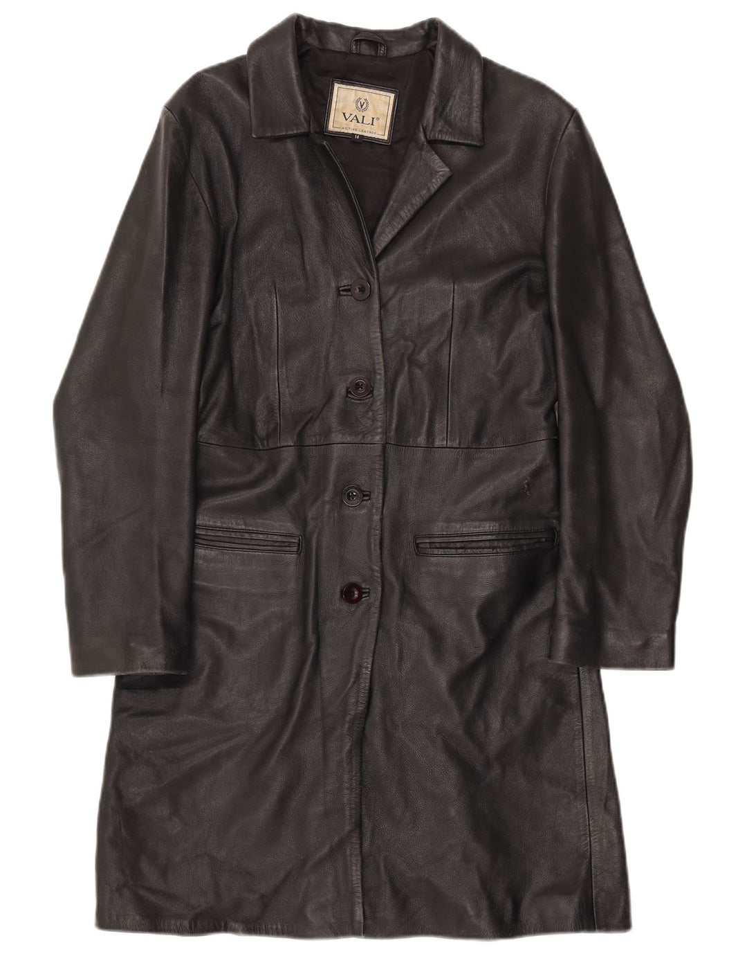 Vintage Womens Leather Overcoat UK 12 Medium Black Leather