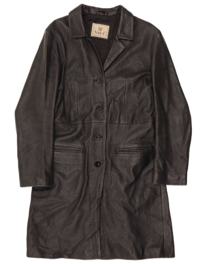 Vintage Womens Leather Overcoat UK 12 Medium Black Leather