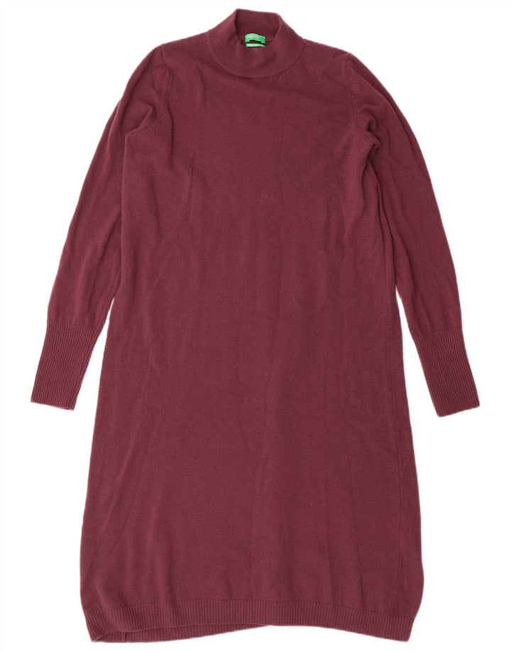 BENETTON Womens Jumper Dress UK 14 Medium Maroon Merino Wool
