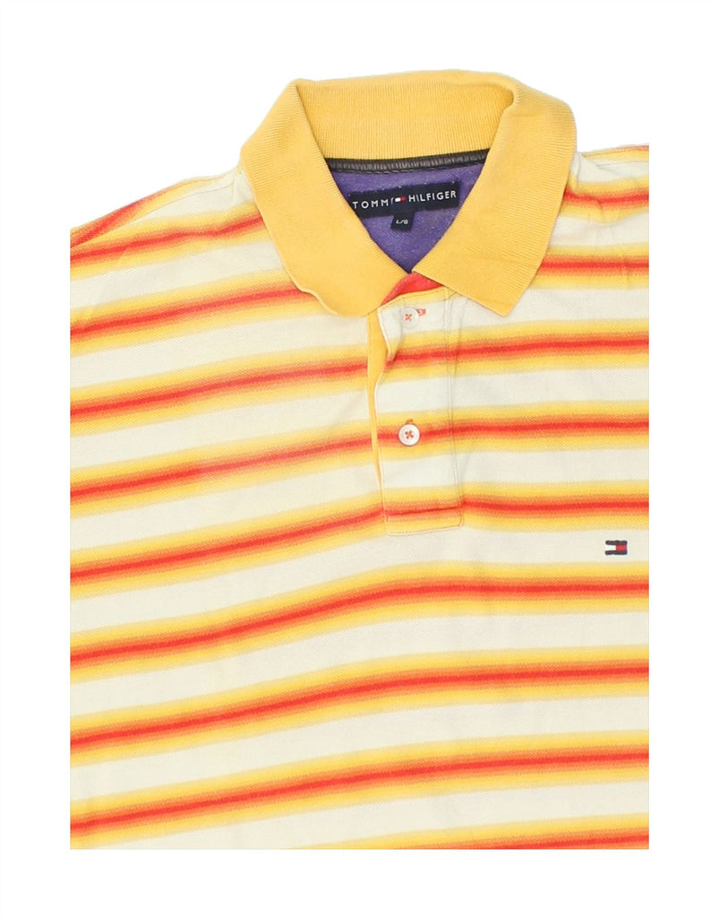 TOMMY HILFIGER Mens Polo Shirt Large Yellow Striped Cotton | Vintage Tommy Hilfiger | Thrift | Second-Hand Tommy Hilfiger | Used Clothing | Messina Hembry 