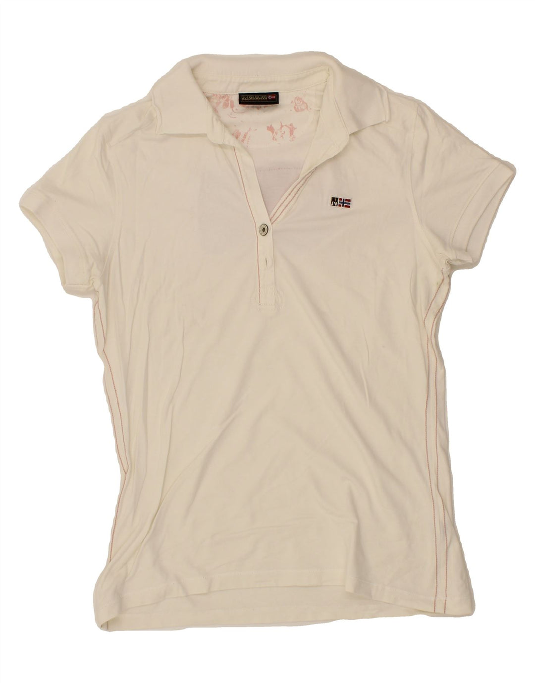 NAPAPIJRI Womens Graphic Polo Shirt UK 12 Medium Off White Vintage Napapijri and Second-Hand Napapijri from Messina Hembry 