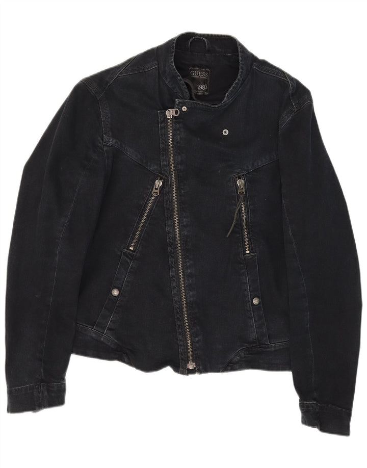 Guess Mens Denim Biker Jacket UK 36 Small Black Cotton