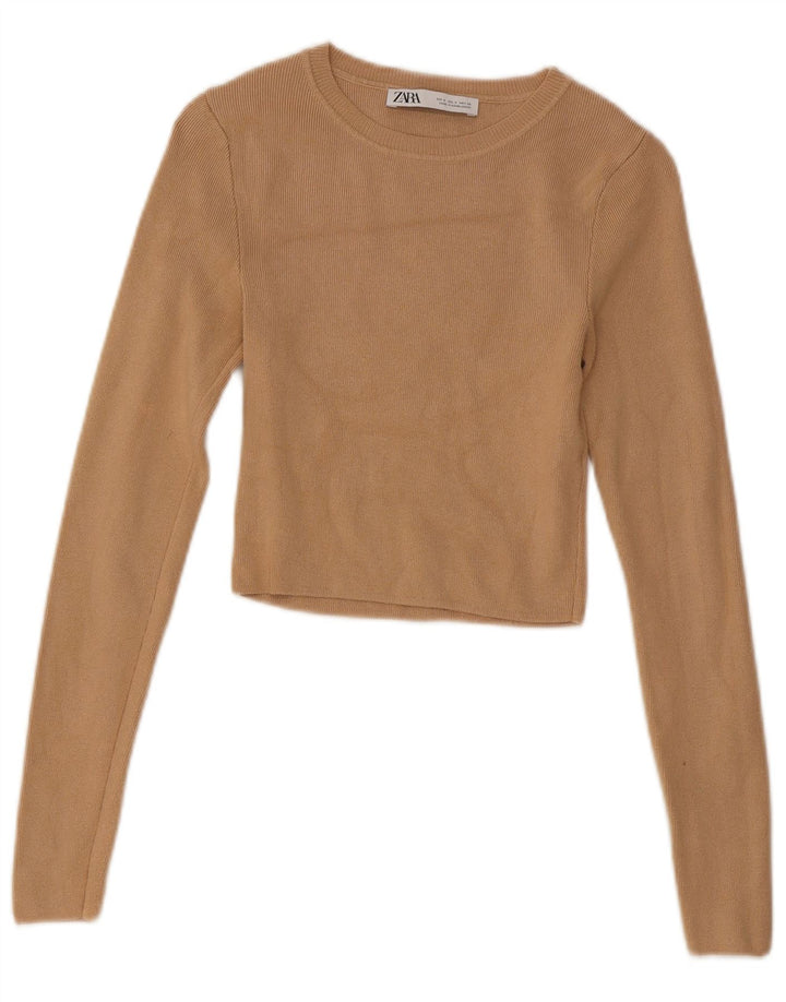 Zara Womens Crop Top Long Sleeve UK 8 Small Beige Viscose