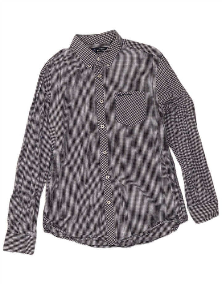 Ben Sherman Mens Shirt Large Navy Blue Gingham Cotton