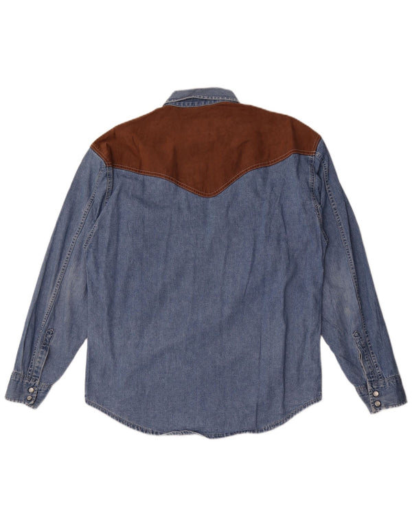 Vintage Mens Western Denim Shirt Medium Blue Colourblock Cotton