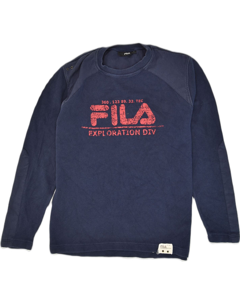 FILA Mens Graphic Sweatshirt Jumper Small Navy Blue Cotton | Vintage Fila | Thrift | Second-Hand Fila | Used Clothing | Messina Hembry 