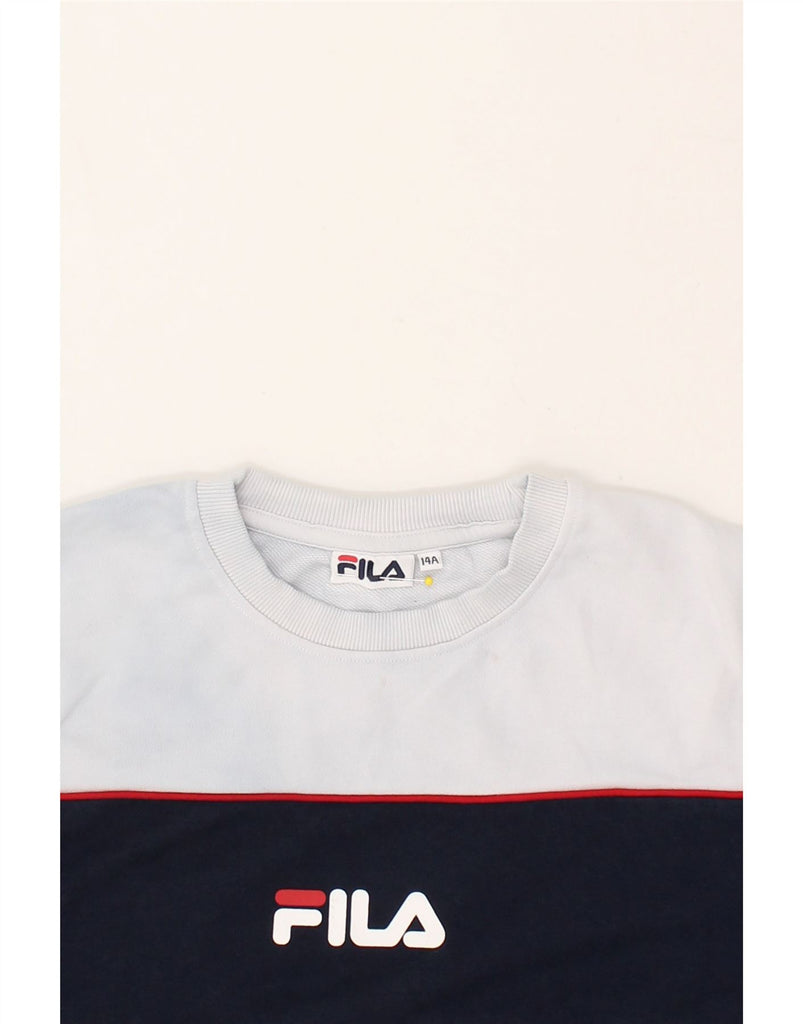 FILA Boys Graphic Sweatshirt Jumper 13-14 Years Navy Blue Colourblock | Vintage Fila | Thrift | Second-Hand Fila | Used Clothing | Messina Hembry 