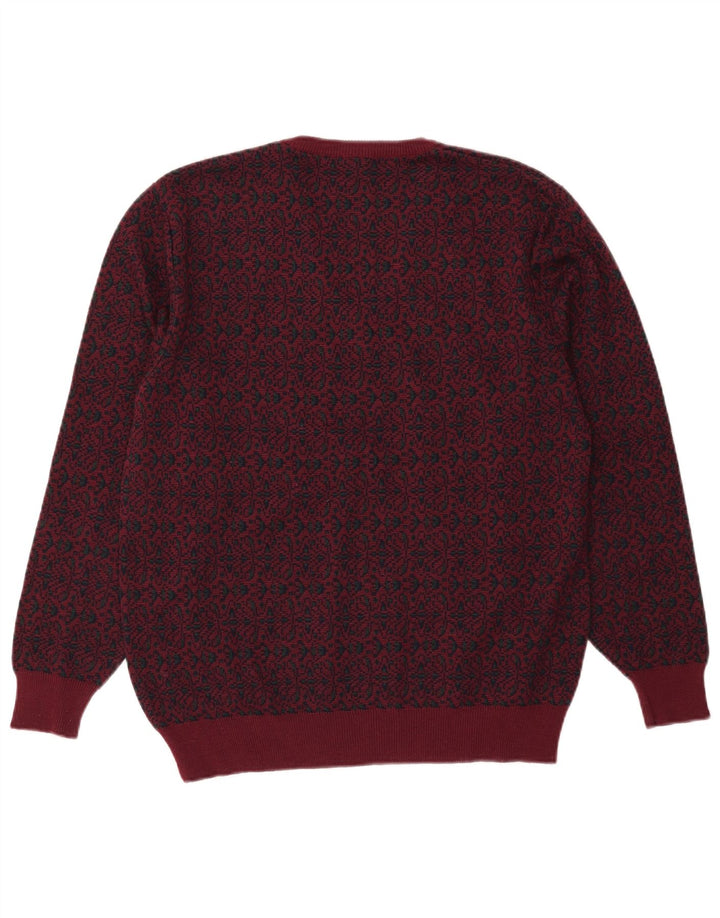 Mapier Mens V-Neck Jumper Sweater Medium Burgundy Fair Isle Wool