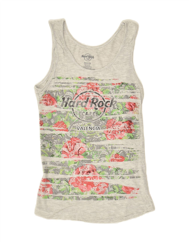 HARD ROCK CAFE Womens Valencia Graphic Vest Top UK 12 Medium Grey Floral | Vintage Hard Rock Cafe | Thrift | Second-Hand Hard Rock Cafe | Used Clothing | Messina Hembry 