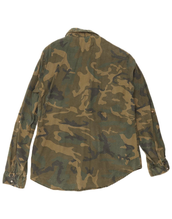 Zara Womens Military Denim Shirt UK 14 Large Green Camouflage