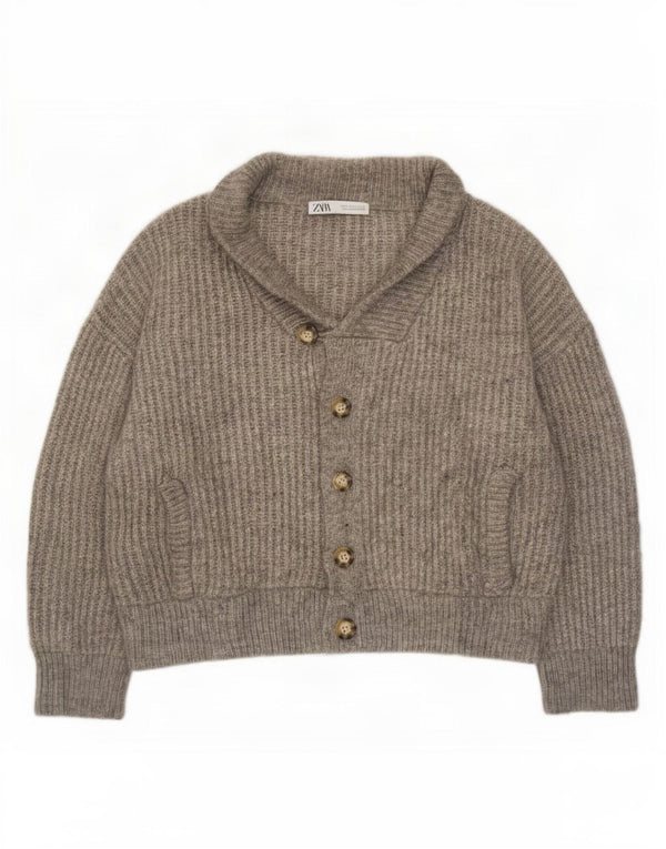 Zara Womens Crop Oversized Cardigan Sweater UK 10 Small Grey Acrylic