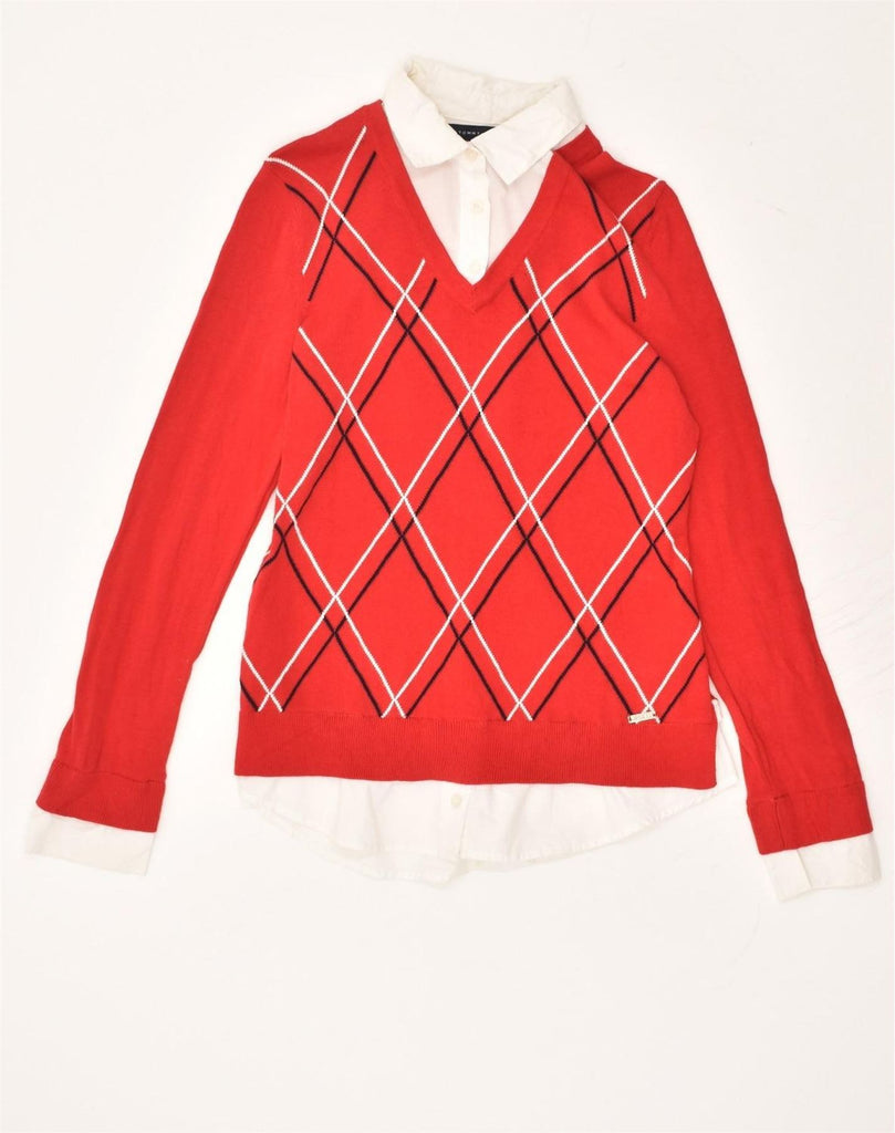 TOMMY HILFIGER Womens V-Neck Jumper Sweater UK 10 Small Red Argyle/Diamond | Vintage Tommy Hilfiger | Thrift | Second-Hand Tommy Hilfiger | Used Clothing | Messina Hembry 