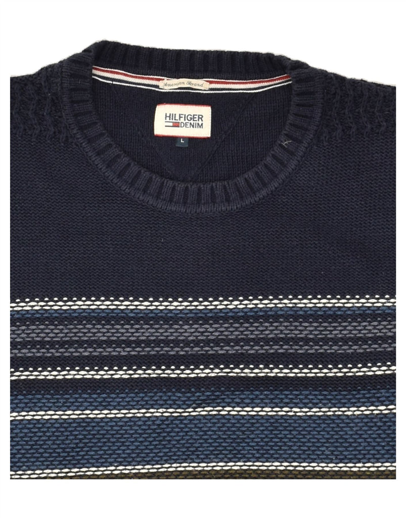 TOMMY HILFIGER Mens Crew Neck Jumper Sweater Large Navy Blue Striped | Vintage Tommy Hilfiger | Thrift | Second-Hand Tommy Hilfiger | Used Clothing | Messina Hembry 