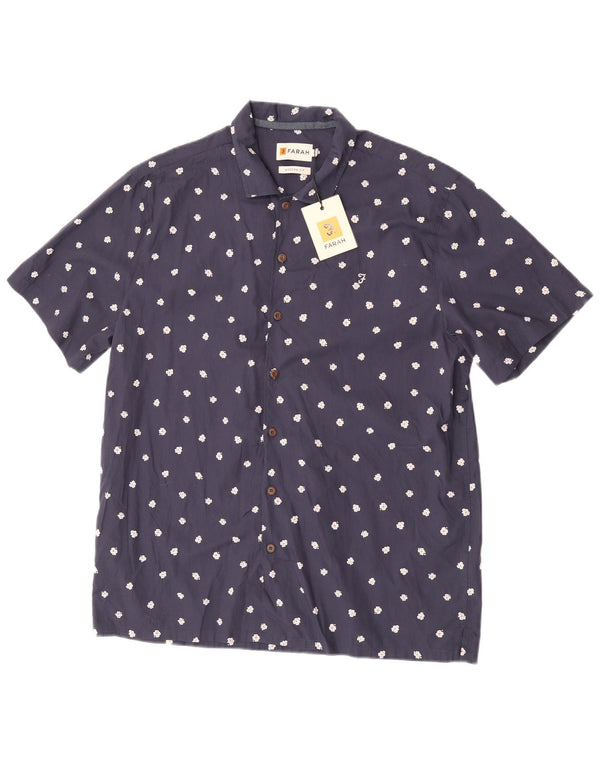 Farah Mens Modern Fit Short Sleeve Shirt XL Navy Blue Spotted Cotton