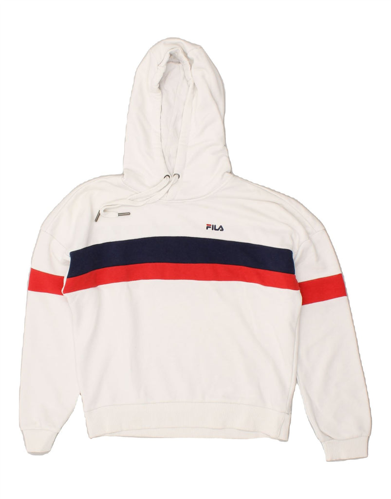 FILA Womens Oversized Graphic Hoodie Jumper UK 10 Small White Striped | Vintage Fila | Thrift | Second-Hand Fila | Used Clothing | Messina Hembry 