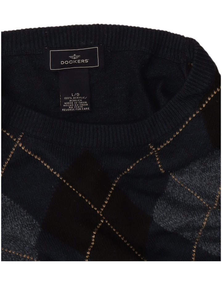 DOCKERS Mens Crew Neck Jumper Sweater Large Navy Blue Argyle/Diamond