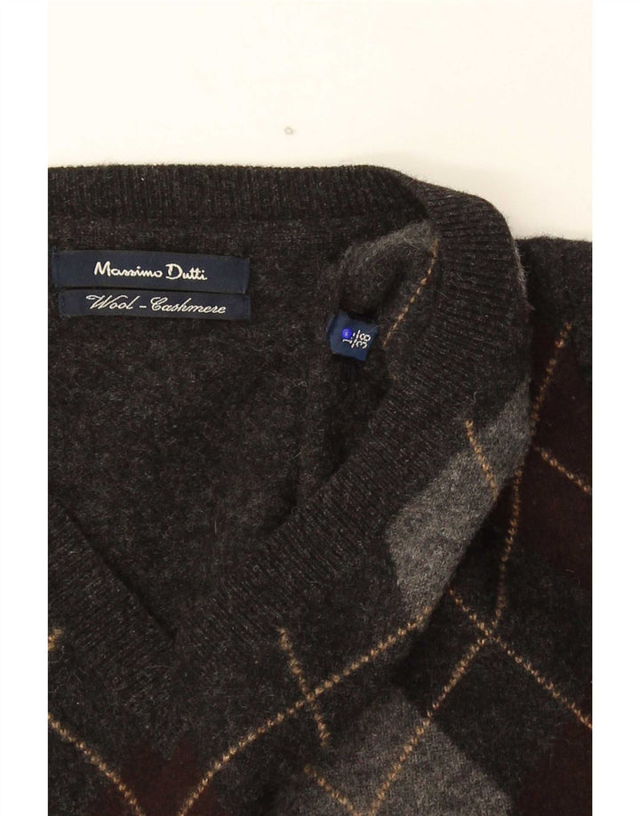 Massimo Dutti Mens V-Neck Jumper Sweater Medium Grey Argyle/Diamond Wool